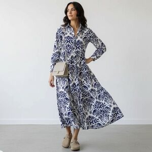 Zara Navy White Damask Print A-Line 100% Cotton Midi Collared Shirt Dress Sz S